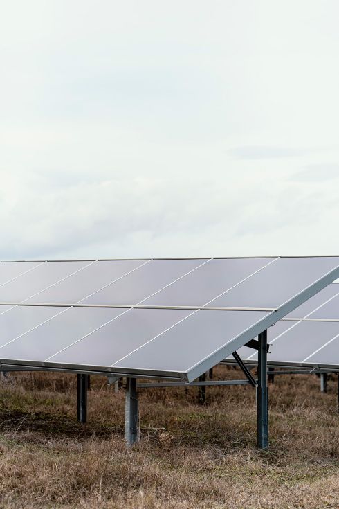 placas solares en el campo con día nublado